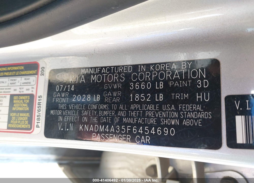 2015 KIA RIO VIN: KNADM4A35F6454690