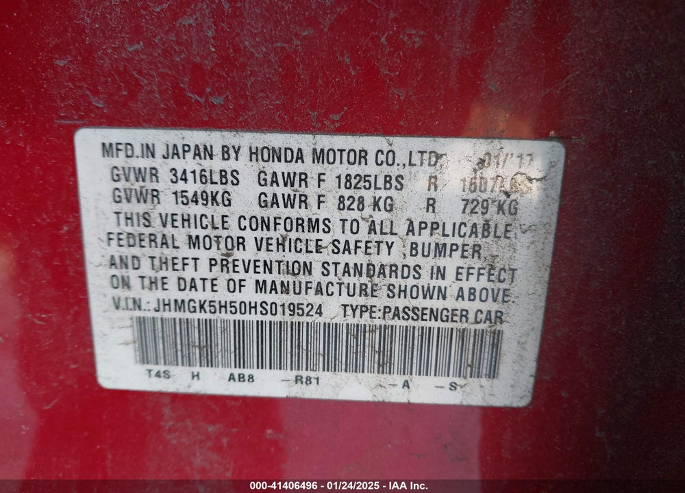 2017 HONDA FIT VIN: JHMGK5H50HS019524