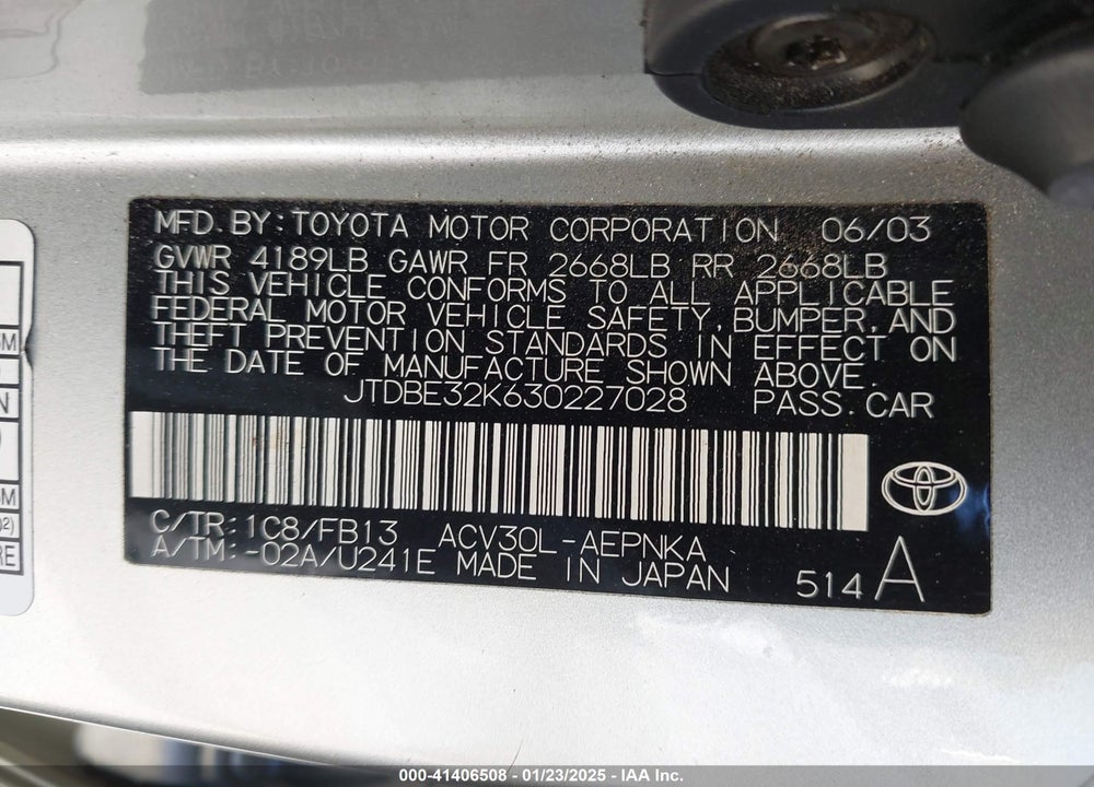 2003 TOYOTA CAMRY LE VIN: JTDBE32K630227028