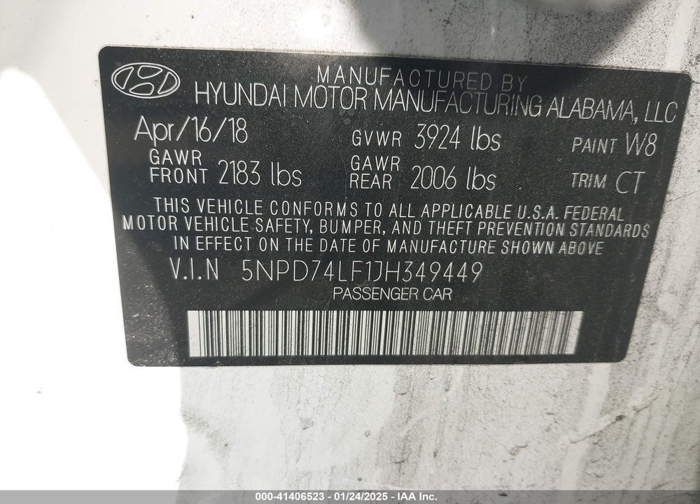 2018 HYUNDAI ELANTRA SE VIN: 5NPD74LF1JH349449