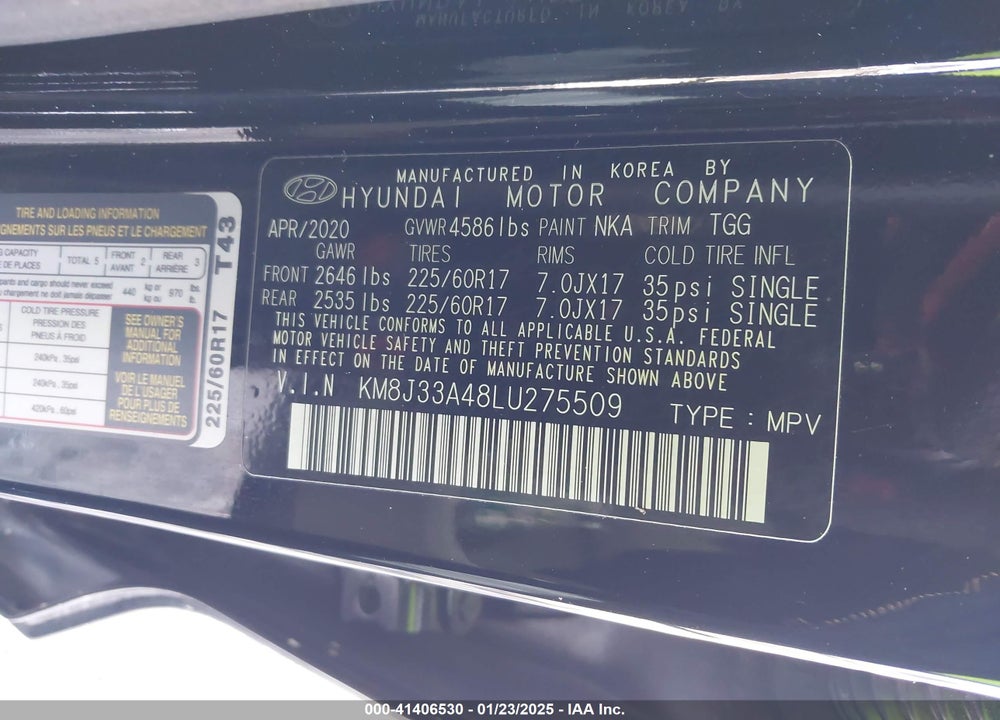 2020 HYUNDAI TUCSON VIN: KM8J33A48LU275509