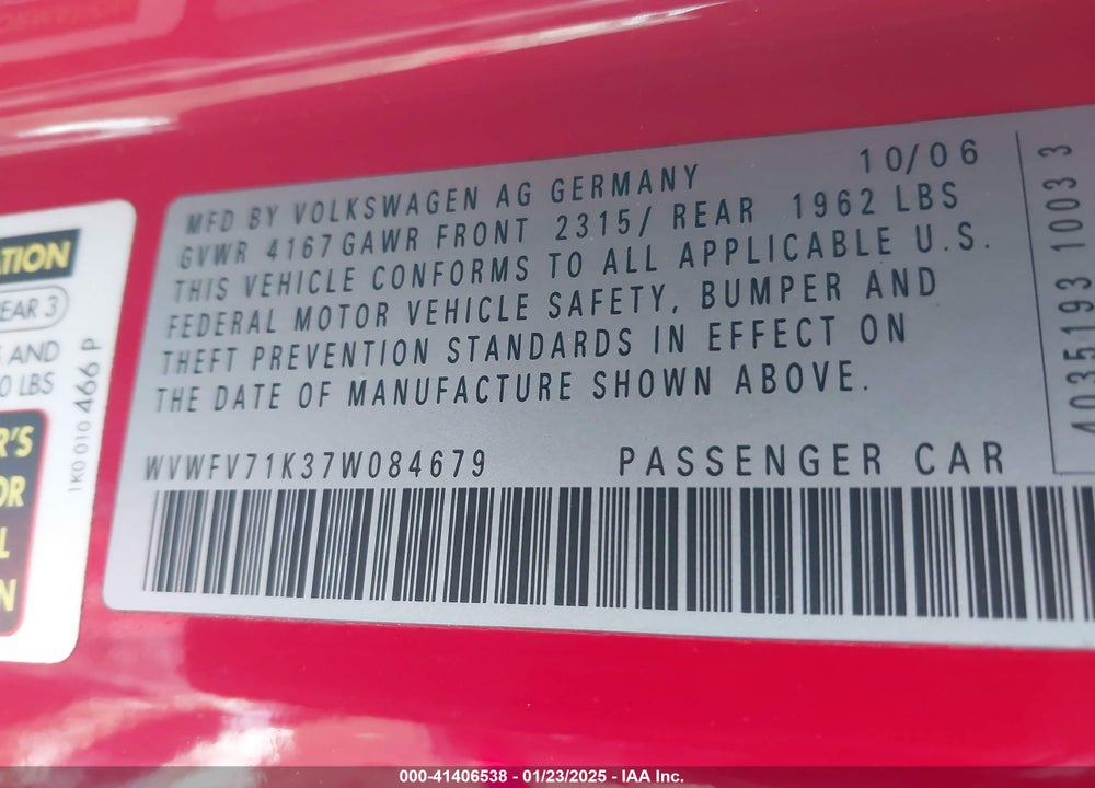 2007 VOLKSWAGEN GTI 2-DOOR/FAHRENHEIT VIN: WVWFV71K37W084679