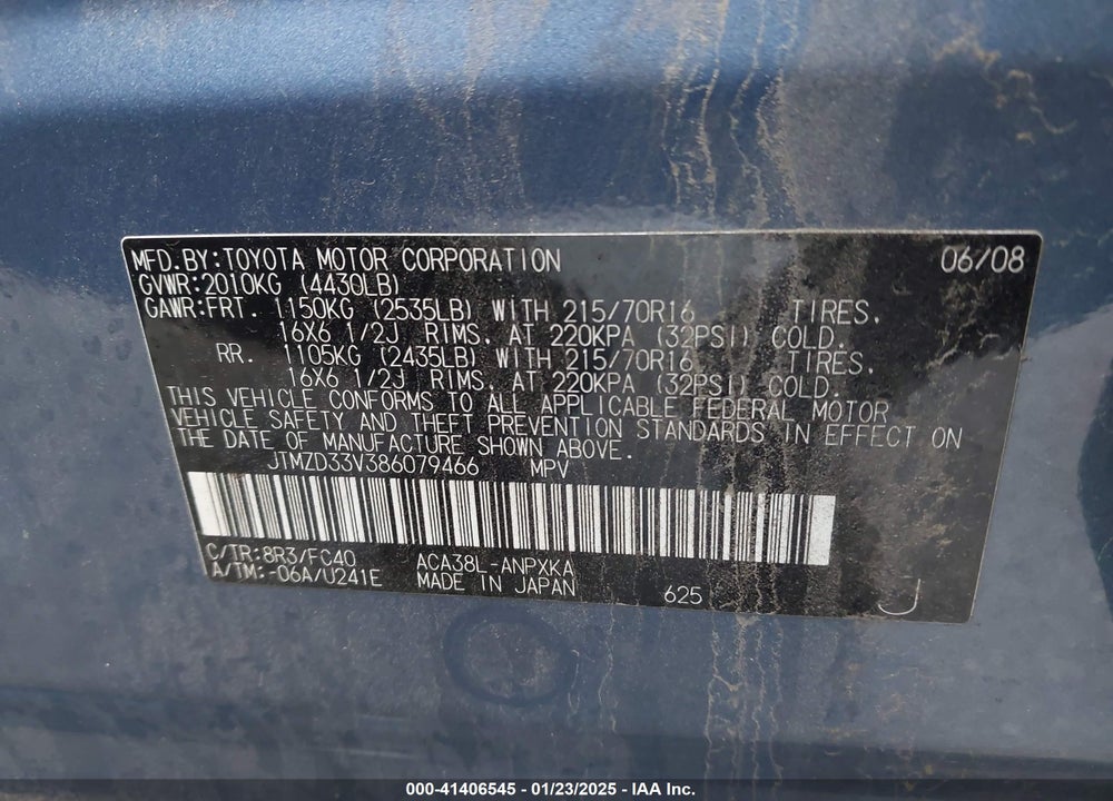 2008 TOYOTA RAV4 VIN: JTMZD33V386079466