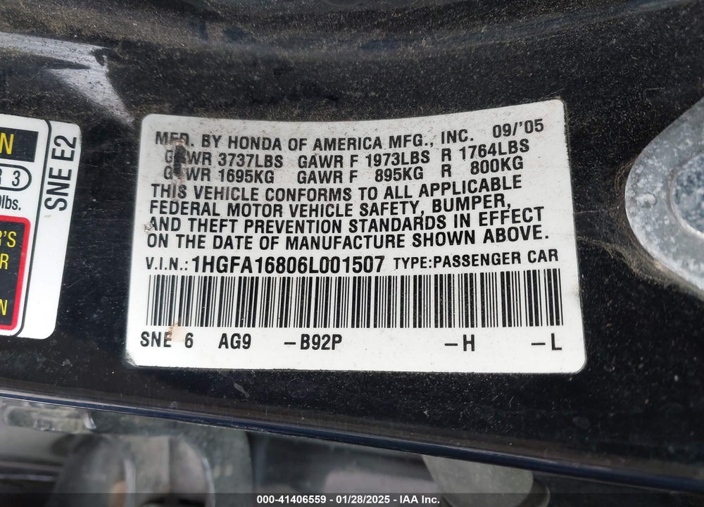 2006 HONDA CIVIC VIN: 1HGFA16806L001507