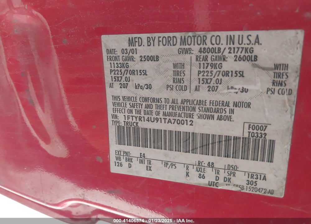 2001 FORD RANGER EDGE/XL/XLT VIN: 1FTYR14U91TA70012