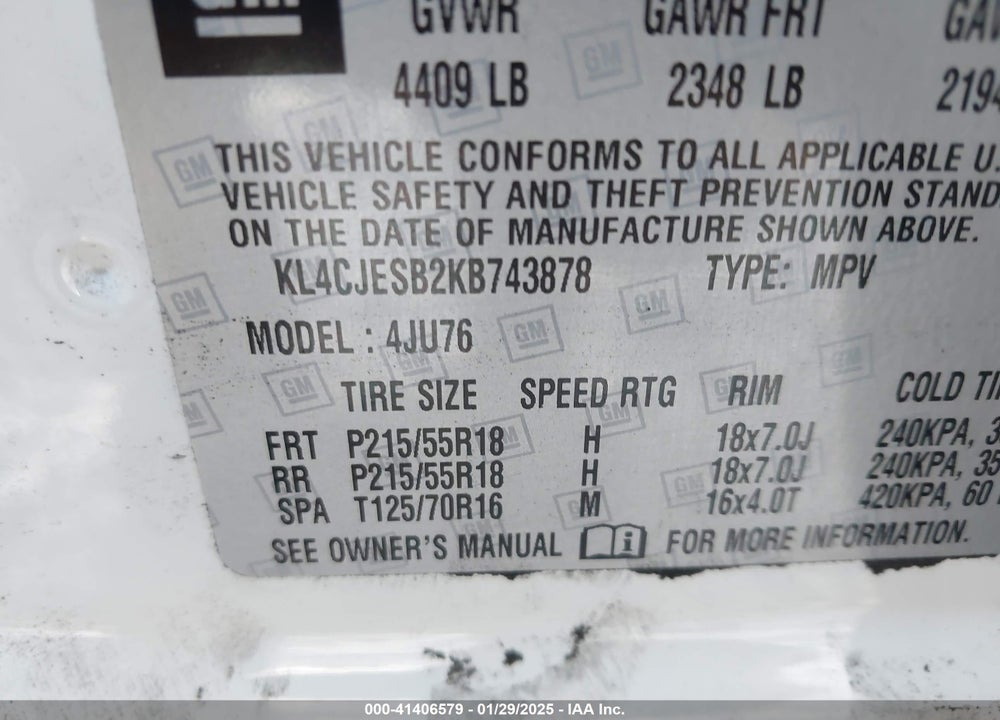 2019 BUICK ENCORE AWD PREFERRED VIN: KL4CJESB2KB743878