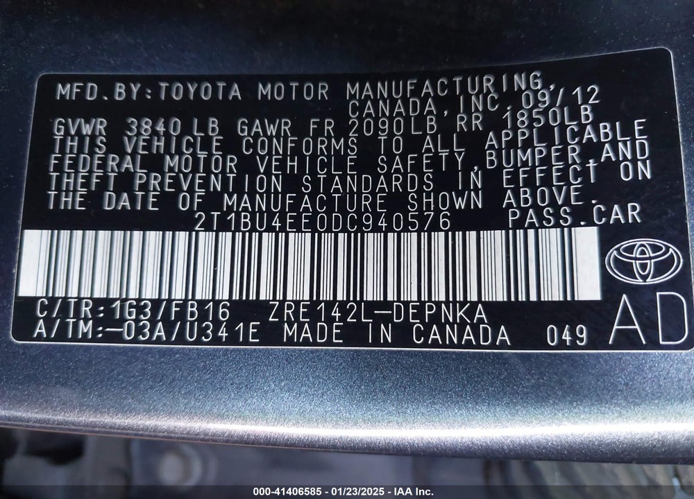 2013 TOYOTA COROLLA VIN: 2T1BU4EE0DC940576