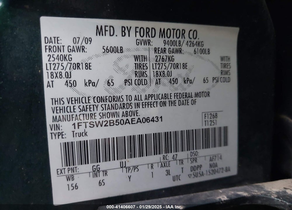 2010 FORD F-250 CABELA'S/KING RANCH/LARIAT/XL/XLT VIN: 1FTSW2B50AEA06431