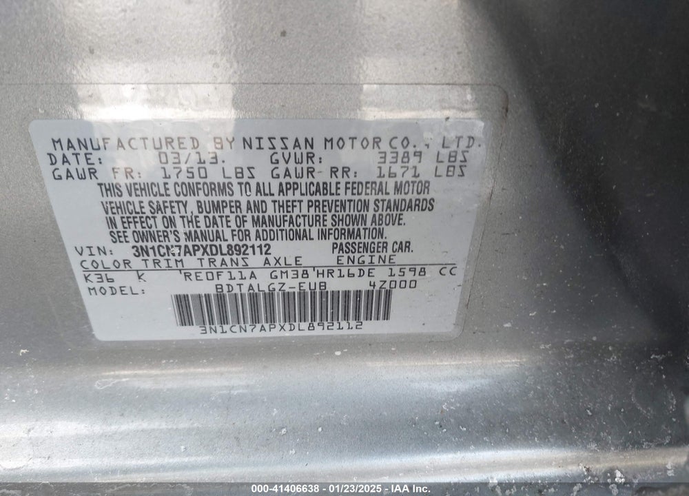 2013 NISSAN VERSA VIN: 3N1CN7APXDL892112