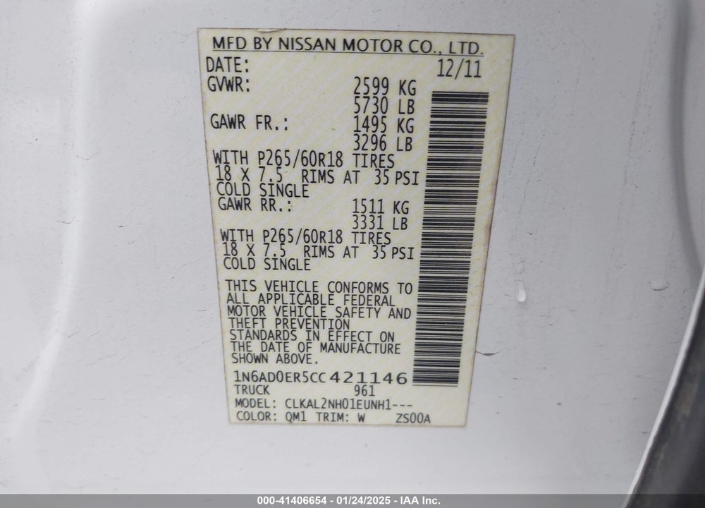 2012 NISSAN FRONTIER SV VIN: 1N6AD0ER5CC421146