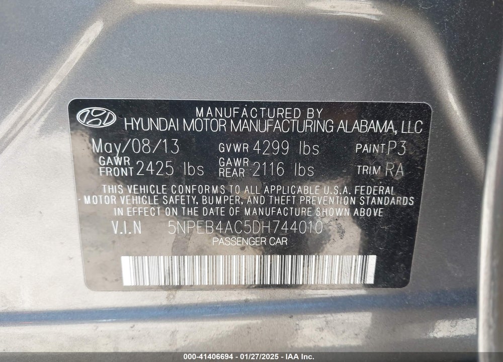 2013 HYUNDAI SONATA VIN: 5NPEB4AC5DH744010
