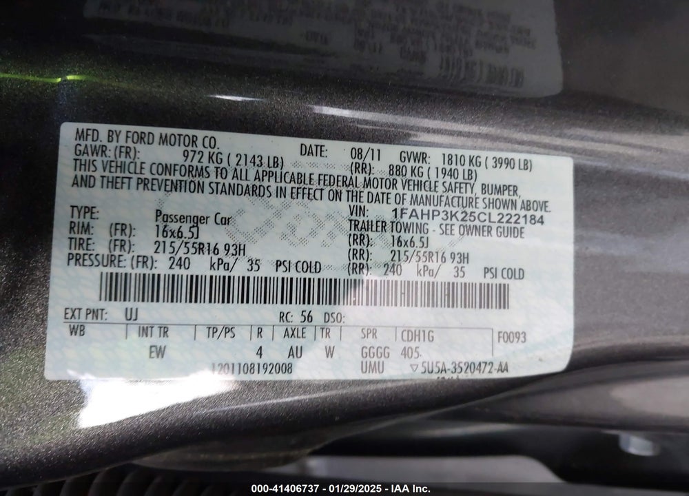 2012 FORD FOCUS VIN: 1FAHP3K25CL222184