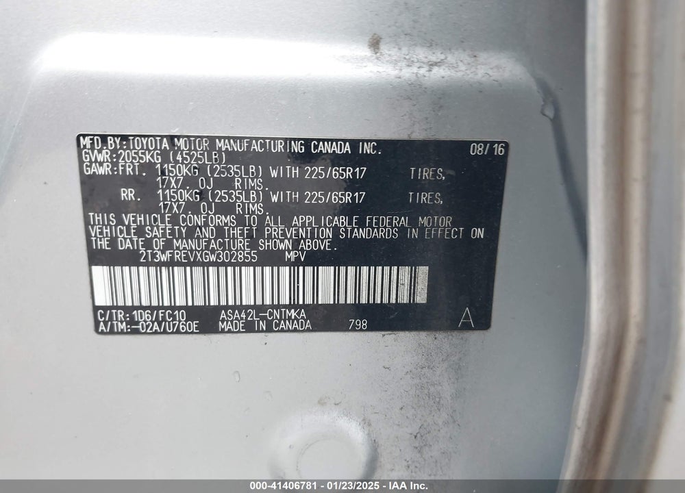 2016 TOYOTA RAV4 XLE VIN: 2T3WFREVXGW302855