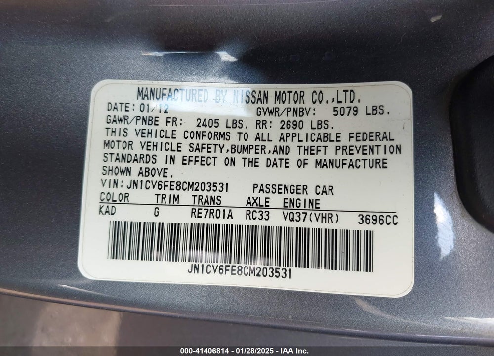 2012 INFINITI G37 VIN: JN1CV6FE8CM203531