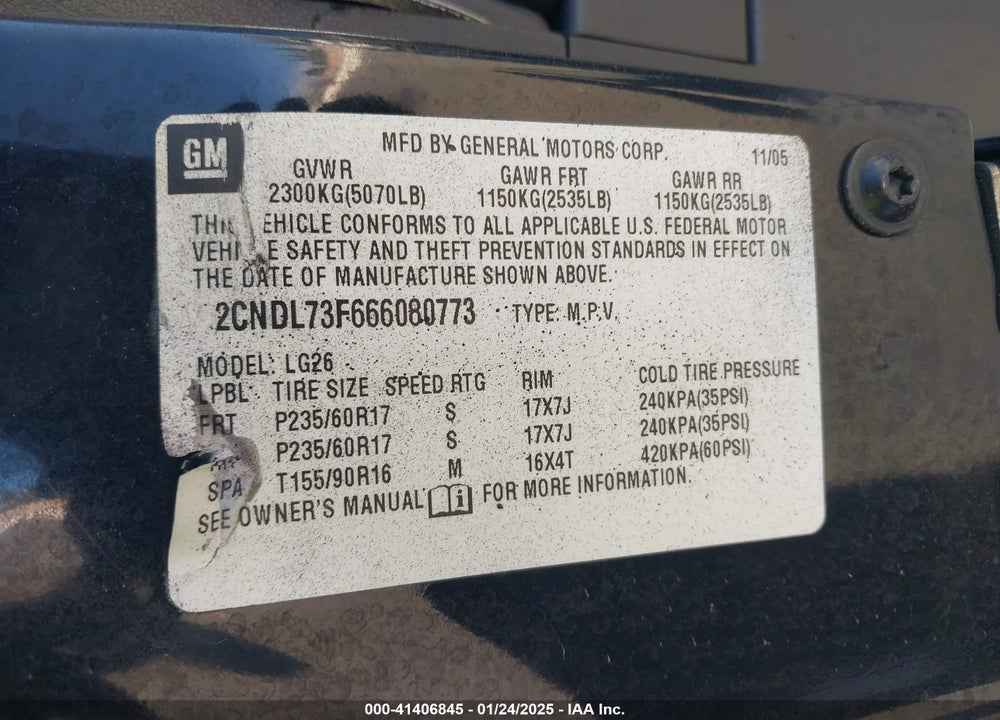 2006 CHEVROLET EQUINOX VIN: 2CNDL73F666080773