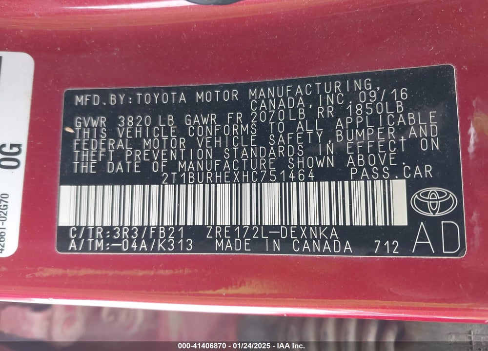 2017 TOYOTA COROLLA L/LE/XLE/SE/XSE VIN: 2T1BURHEXHC751464