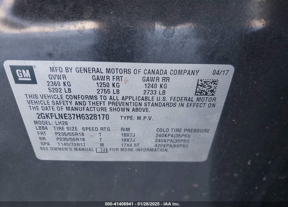 2017 GMC TERRAIN SLE-2 VIN: 2GKFLNE37H6328170
