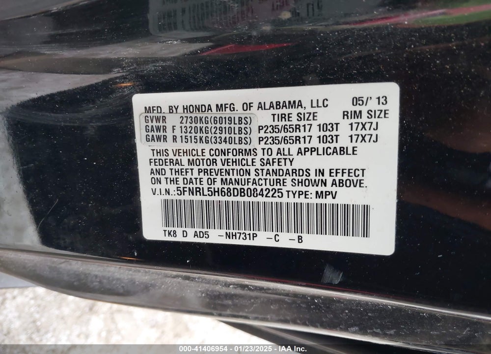 2013 HONDA ODYSSEY EX-L VIN: 5FNRL5H68DB084225