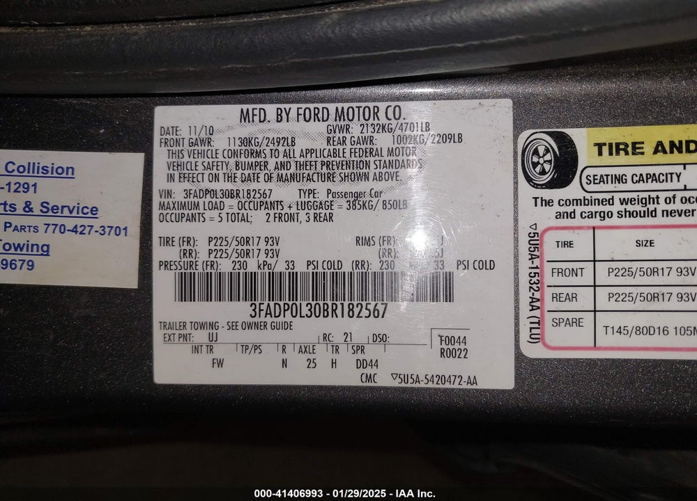 2011 FORD FUSION HYBRID VIN: 3FADP0L30BR182567