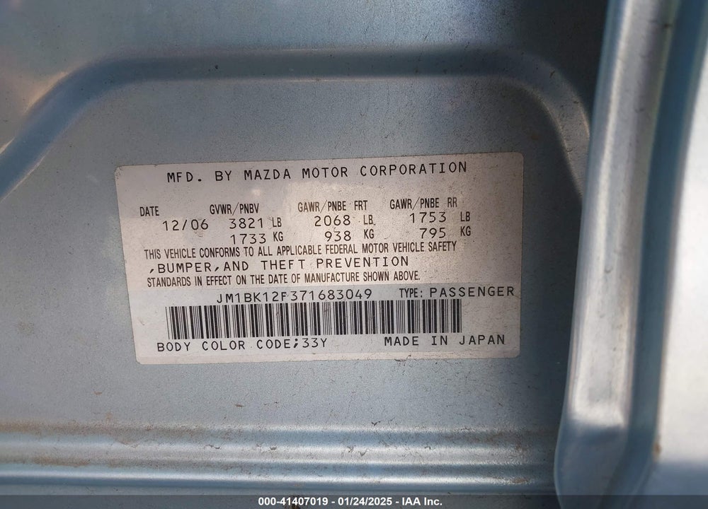 2007 MAZDA 3 I VIN: JM1BK12F371683049