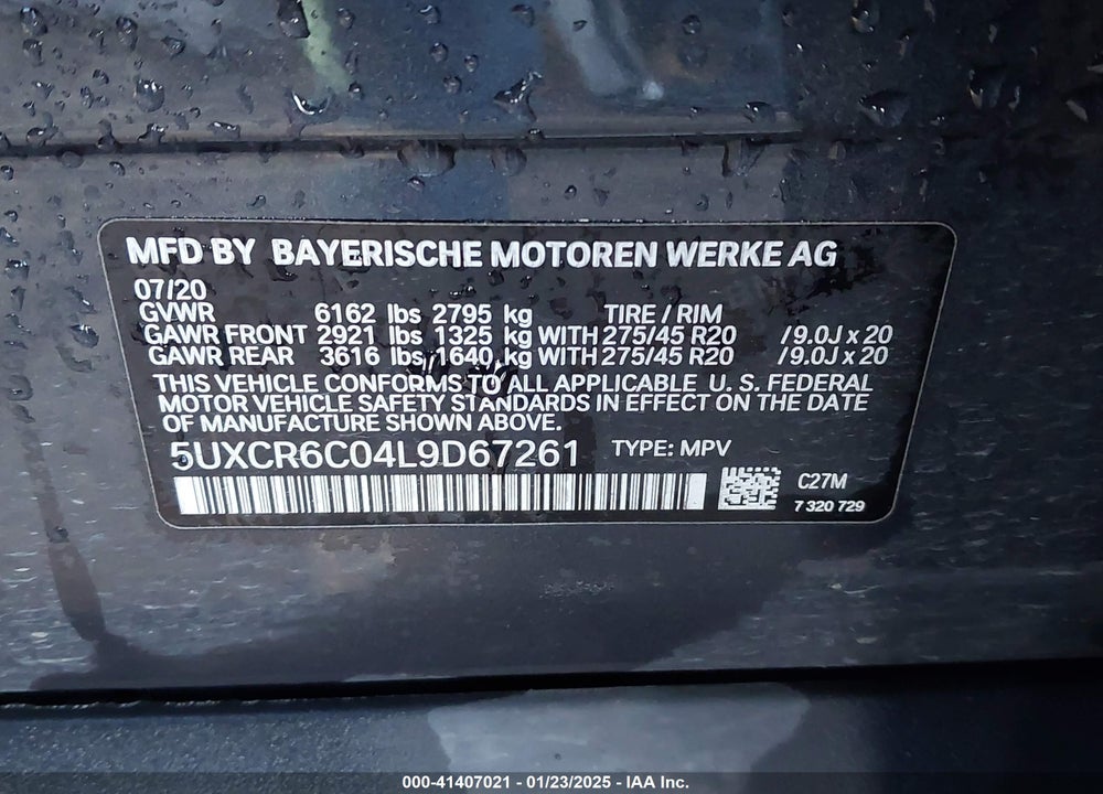 2020 BMW X5 XDRIVE40I VIN: 5UXCR6C04L9D67261
