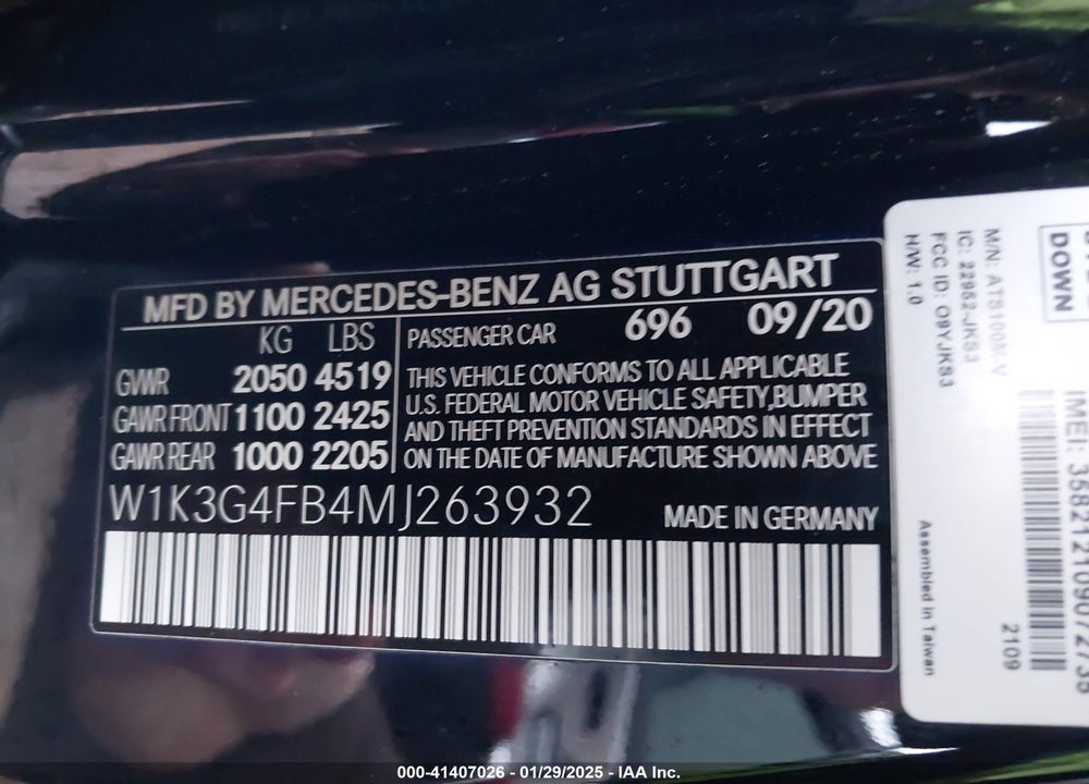 2021 MERCEDES-BENZ A 220 VIN: W1K3G4FB4MJ263932