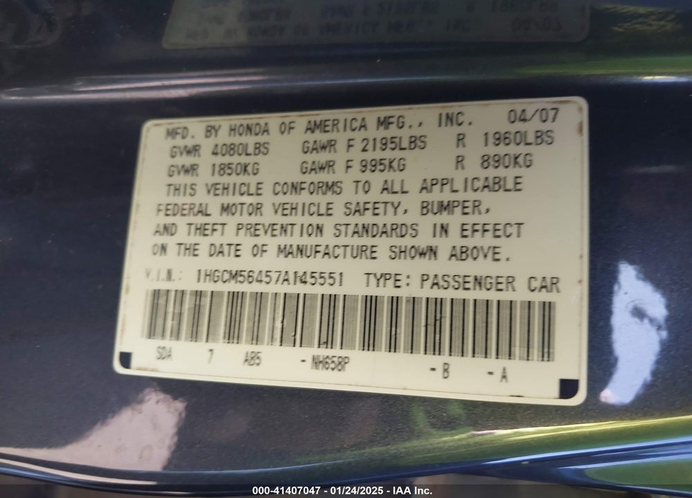 2007 HONDA ACCORD VIN: 1HGCM56457A145551