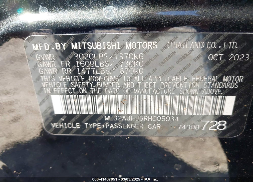 2024 MITSUBISHI MIRAGE VIN: ML32AUHJ5RH005934