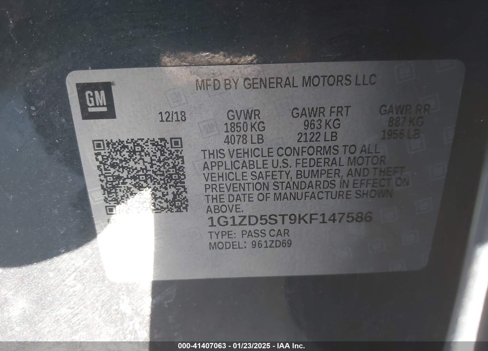 2019 CHEVROLET MALIBU VIN: 1G1ZD5ST9KF147586