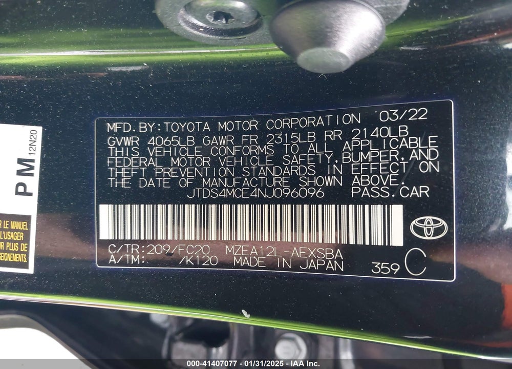 2022 TOYOTA COROLLA VIN: JTDS4MCE4NJ096096