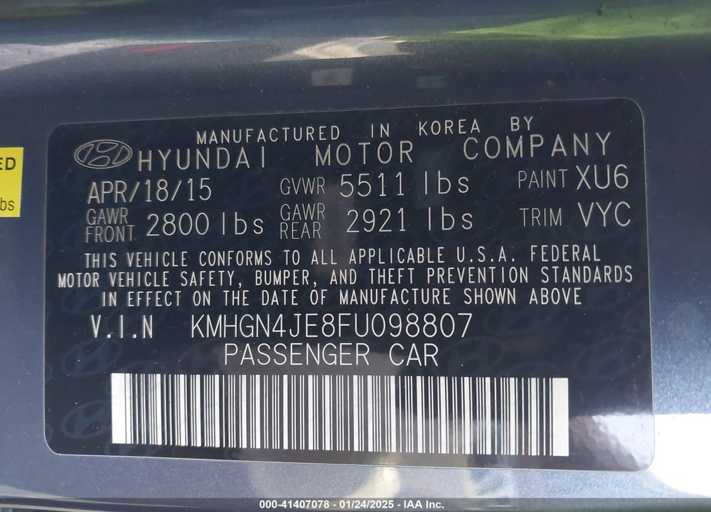 2015 HYUNDAI GENESIS VIN: KMHGN4JE8FU098807