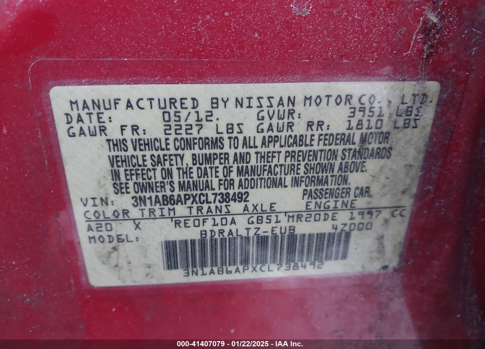 2012 NISSAN SENTRA VIN: 3N1AB6APXCL738492