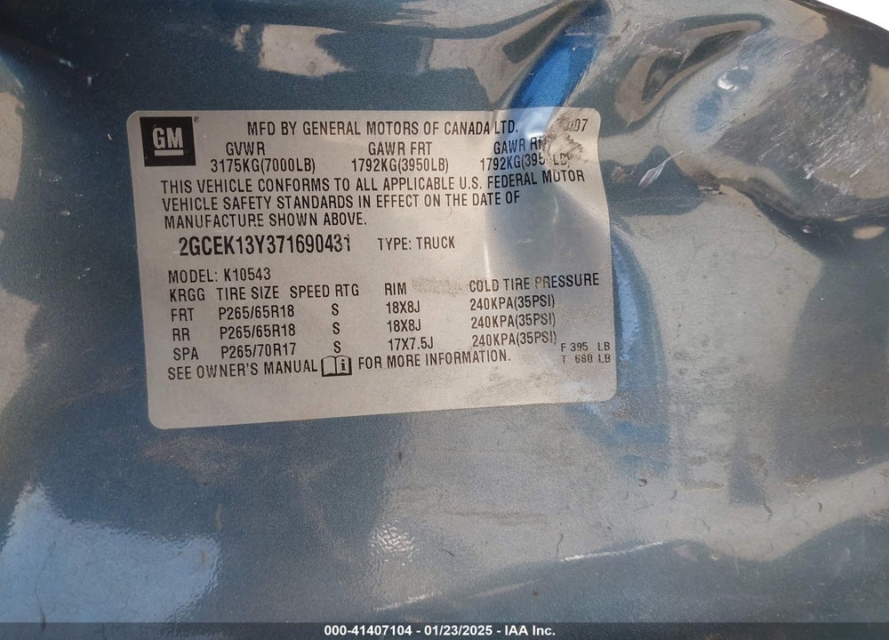 2007 CHEVROLET SILVERADO 1500 VIN: 2GCEK13Y371690431