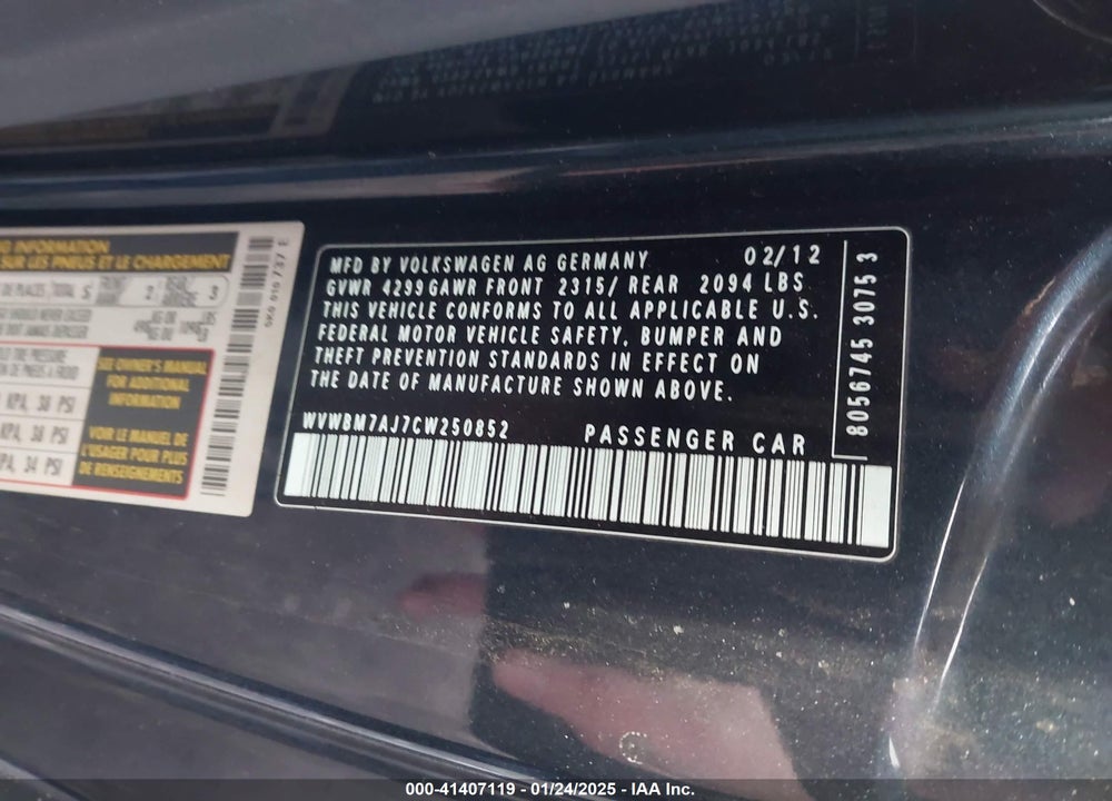 2012 VOLKSWAGEN GOLF VIN: WVWBM7AJ7CW250852