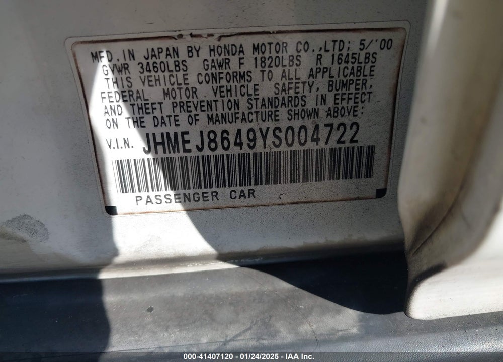2000 HONDA CIVIC EX VIN: JHMEJ8649YS004722