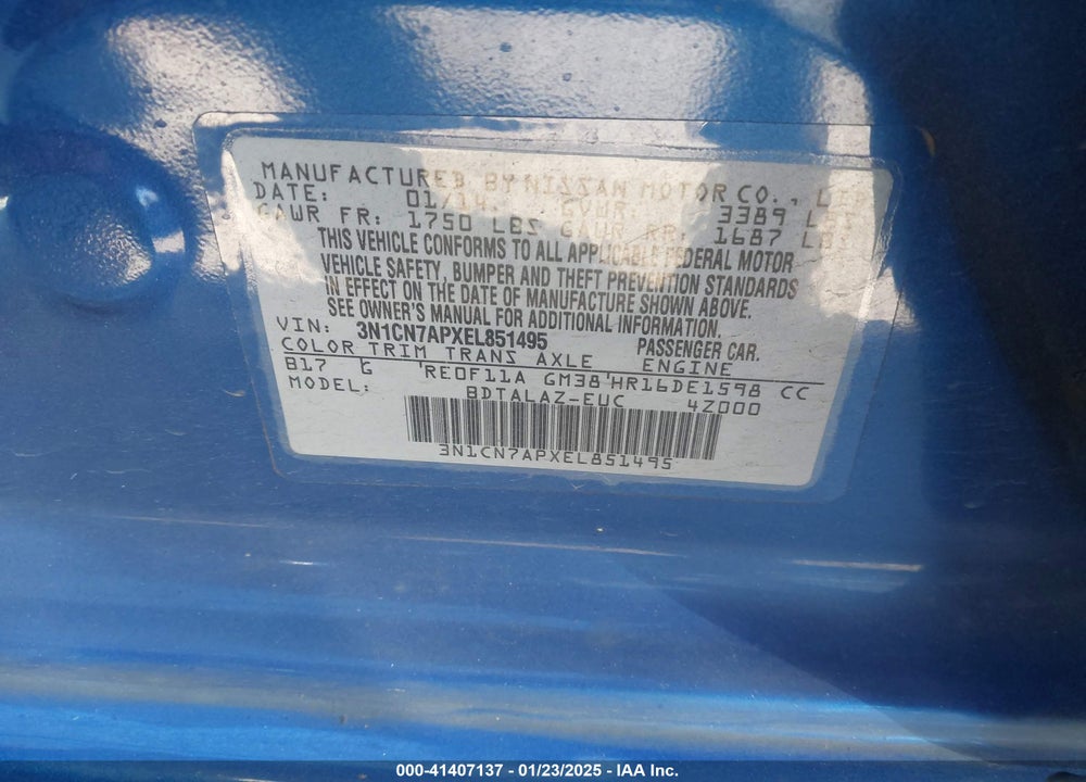 2014 NISSAN VERSA VIN: 3N1CN7APXEL851495