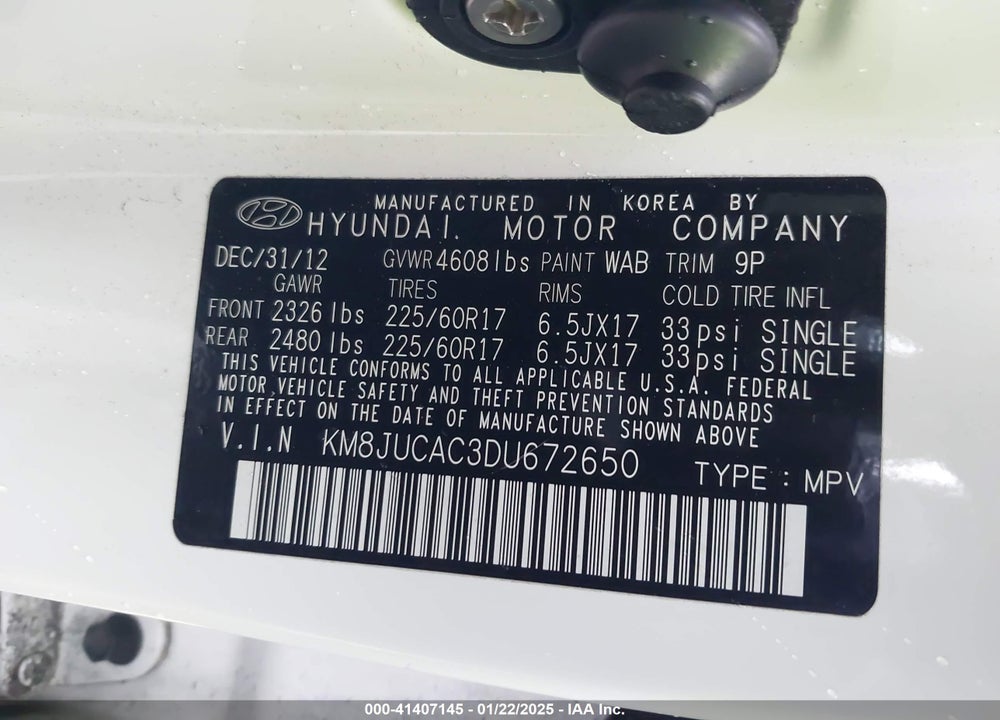 2013 HYUNDAI TUCSON GLS VIN: KM8JUCAC3DU672650