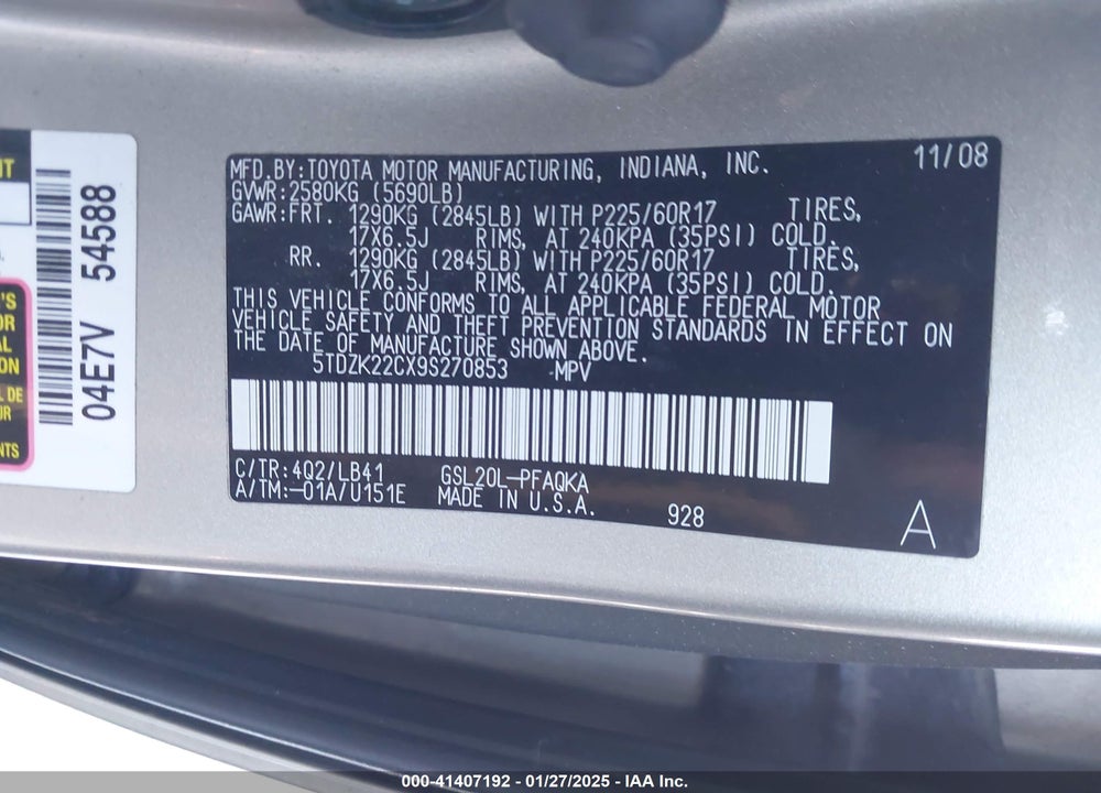 2009 TOYOTA SIENNA LIMITED VIN: 5TDZK22CX9S270853