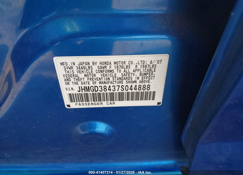 2007 HONDA FIT VIN: JHMGD38437S044888