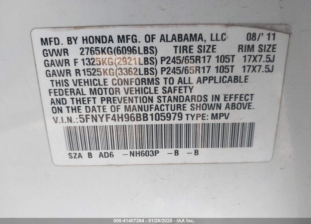 2011 HONDA PILOT TOURING VIN: 5FNYF4H96BB105979