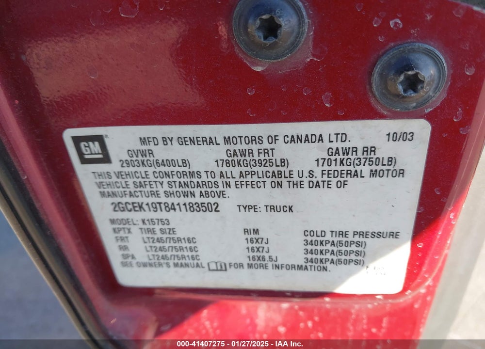 2004 CHEVROLET SILVERADO 1500 LS VIN: 2GCEK19T841183502