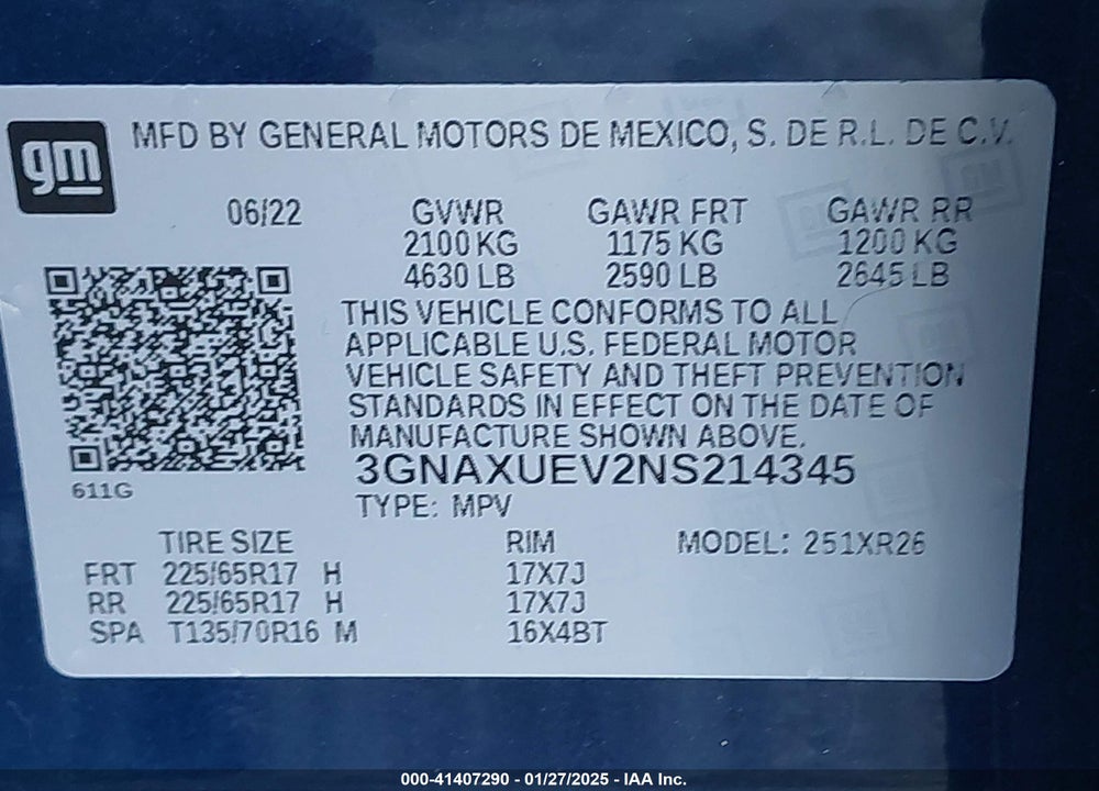 2022 CHEVROLET EQUINOX VIN: 3GNAXUEV2NS214345