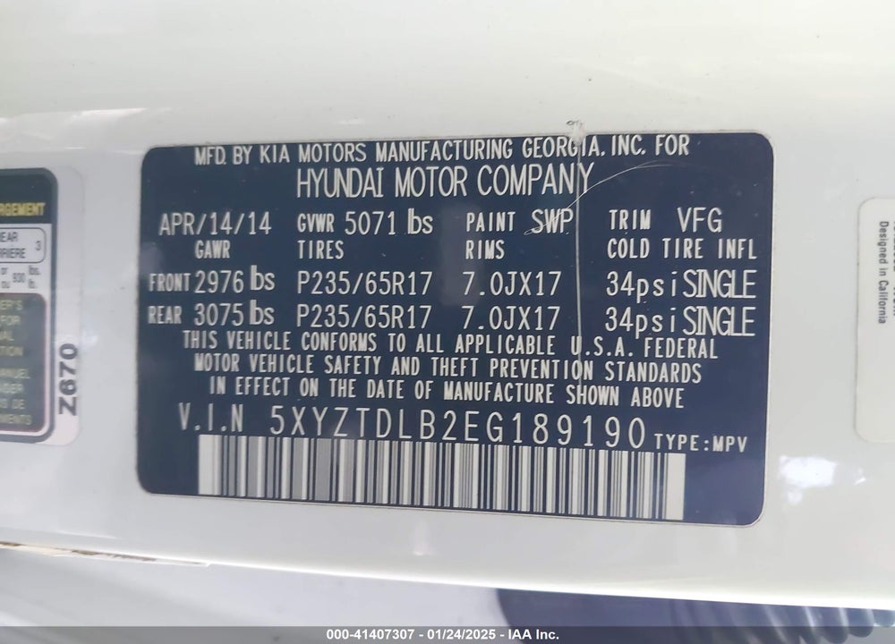 2014 HYUNDAI SANTA FE SPORT VIN: 5XYZTDLB2EG189190