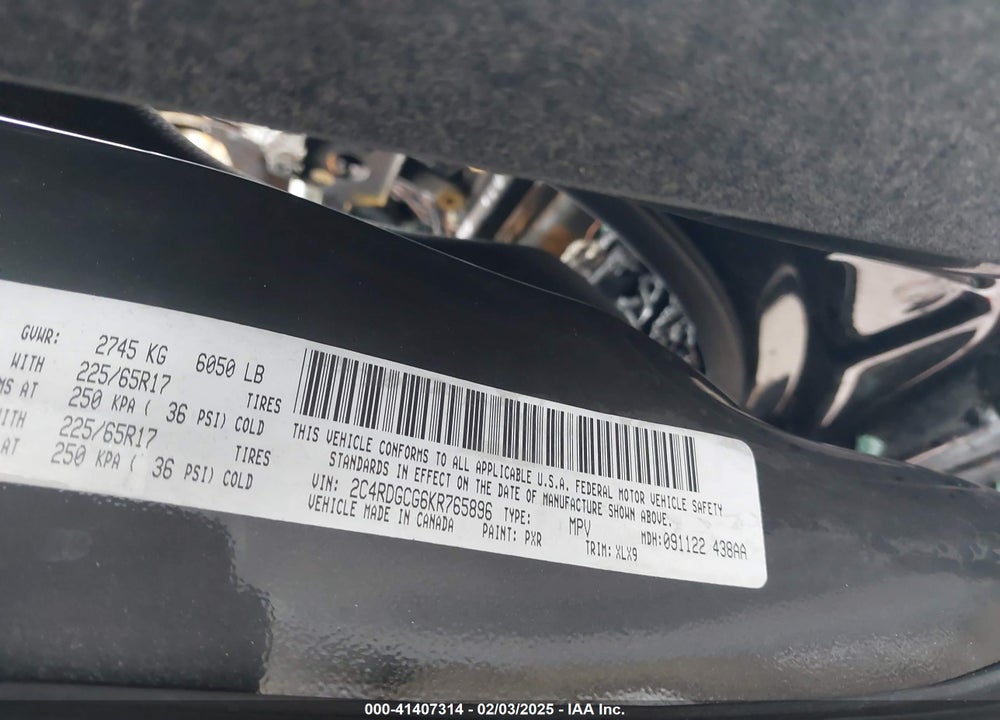 2019 DODGE GRAND CARAVAN VIN: 2C4RDGCG6KR765896