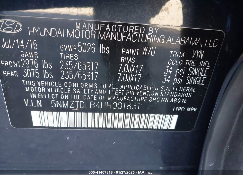 2017 HYUNDAI SANTA FE SPORT 2.4L VIN: 5NMZTDLB4HH001831