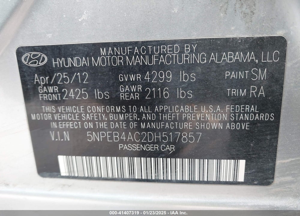 2013 HYUNDAI SONATA GLS VIN: 5NPEB4AC2DH517857