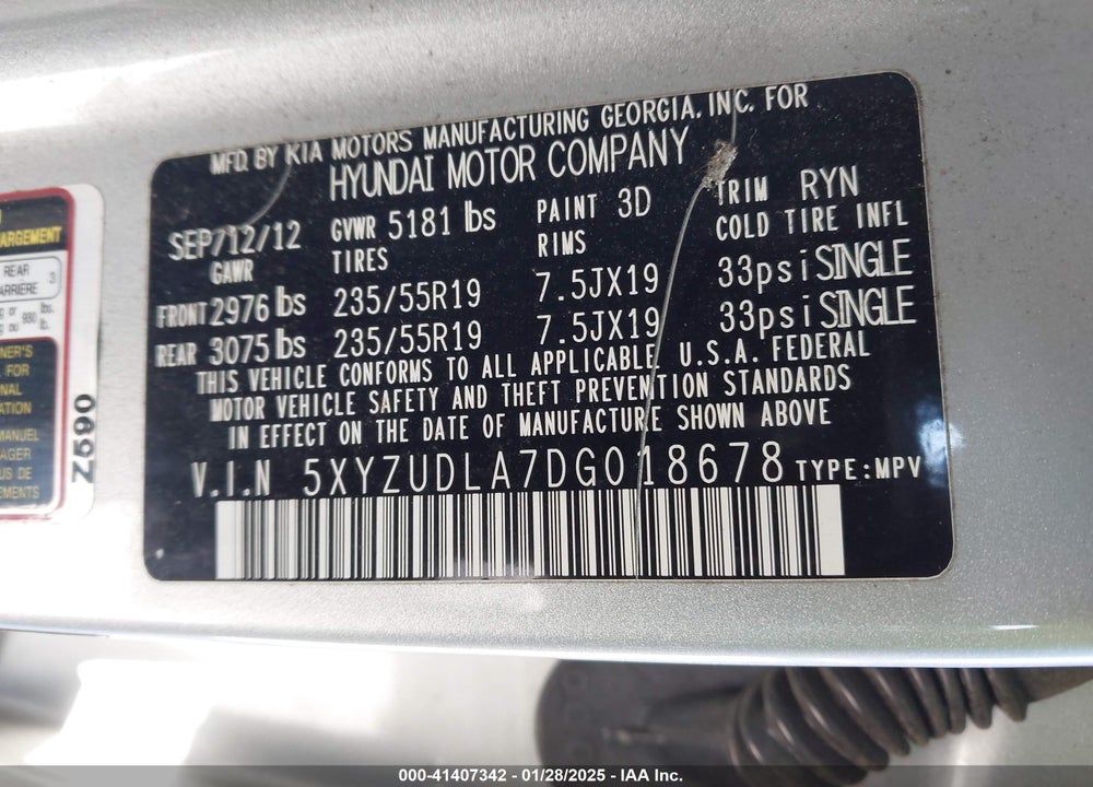 2013 HYUNDAI SANTA FE SPORT 2.0T VIN: 5XYZUDLA7DG018678