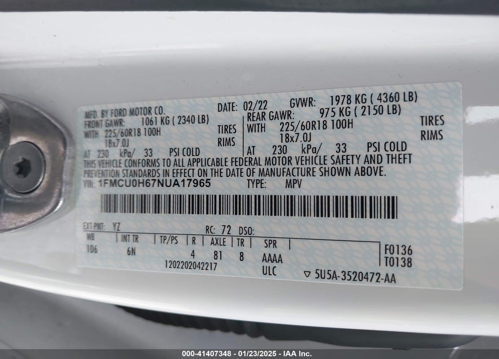 2022 FORD ESCAPE SEL VIN: 1FMCU0H67NUA17965