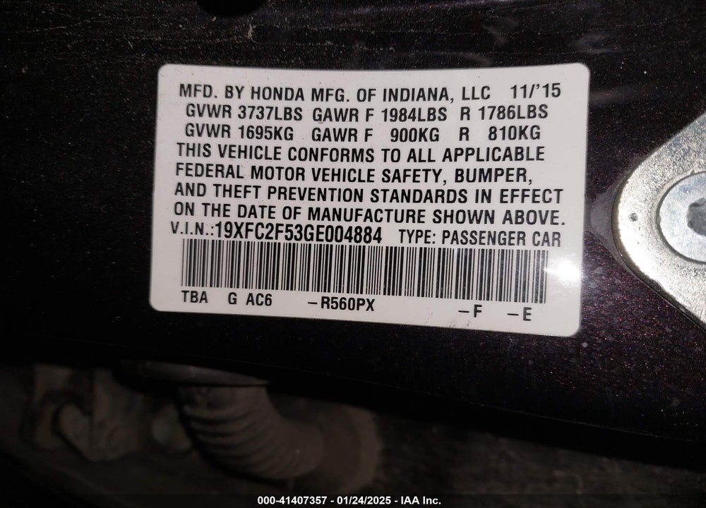 2016 HONDA CIVIC VIN: 19XFC2F53GE004884