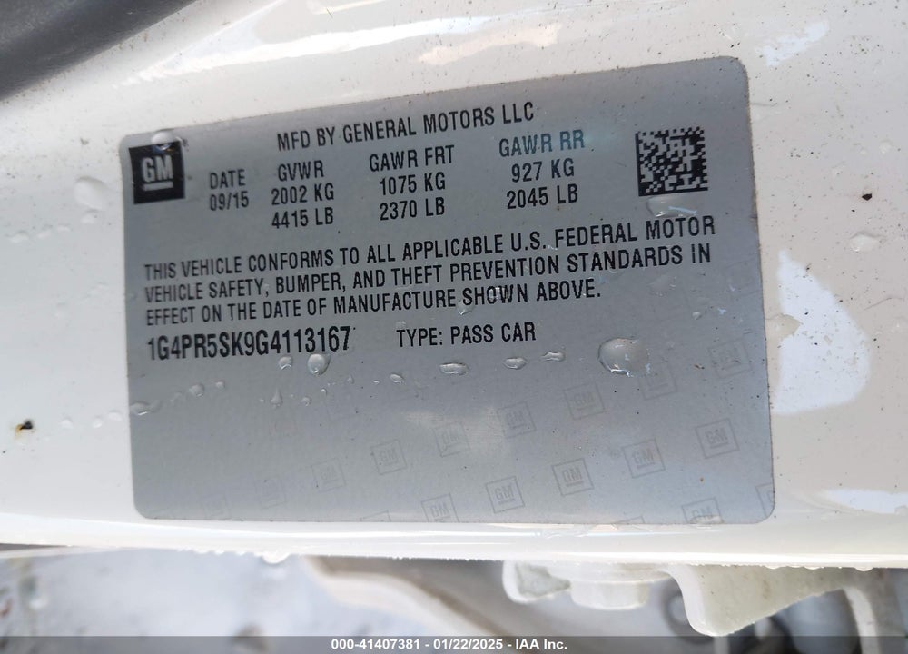 2016 BUICK VERANO VIN: 1G4PR5SK9G4113167